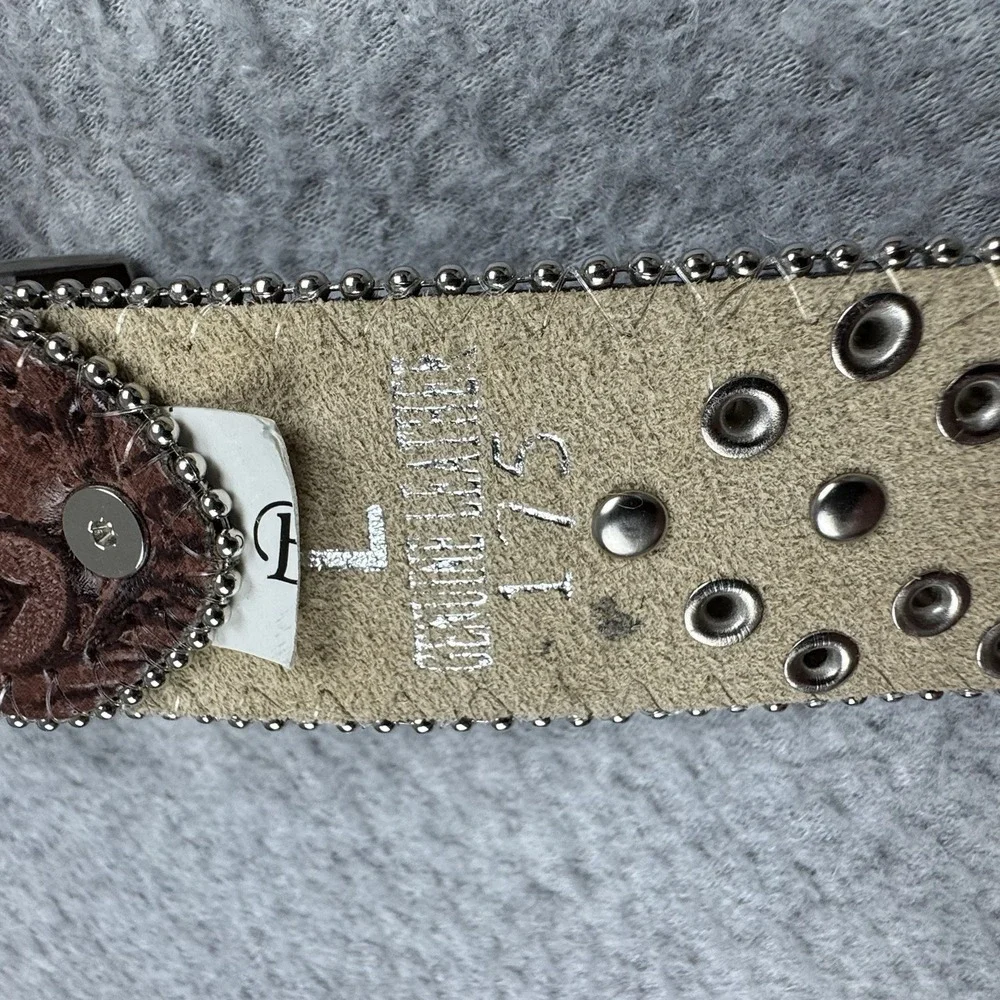 BHW Brown Leather Western Belt Womens Large Studded Iridescent Rhinestones Bling